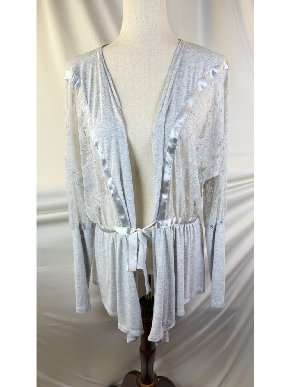 Kenar Sweater Womens Gray Tie Front Cardigan Lace Drape Long Sleeve Feminine L